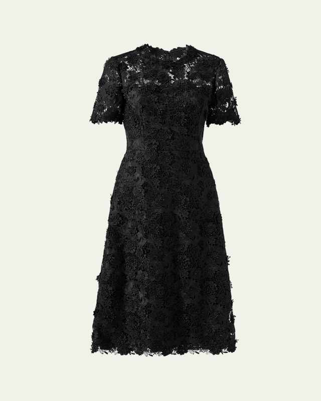 Floral Lace Short-Sleeve Illusion Dress